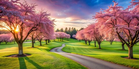 Serene sunrise illuminates a winding path bordered by blossoming trees on a verdant landscape