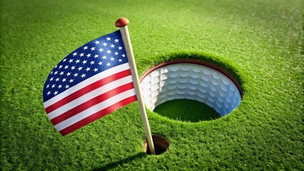 Patriotic Golf Hole A Miniature Flag Placed Beside a Golf Cup on a Lush Green Putting Surface