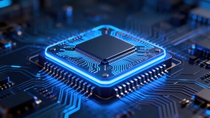 Closeup of a glowing blue microchip