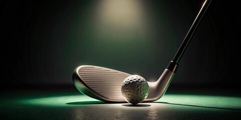A Golf Club and Ball Ready for the Perfect Swing on a Green Surface Under Dramatic Lighting
