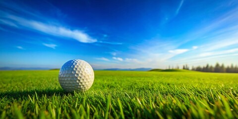A pristine golf ball rests on a vibrant green fairway under a breathtakingly clear sky, promising a perfect day for a game