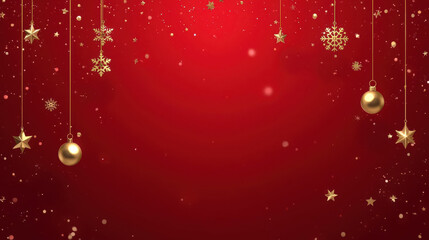 Christmas background with golden stars and snowflakes hanging on red festive backdrop creating warm holiday mood