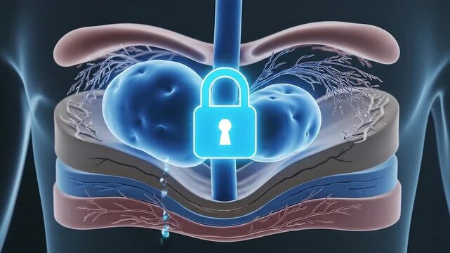 3D Animation Medical Illustration Of Human Digestive System With Locked Stomach And Water Droplets Symbolizing Digestion And Protection