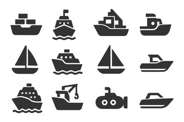 Set of black nautical vessel icons: boats, ships, and submarine illustrations.