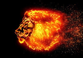 暗い背景に燃える火のライオンの3dイラスト。炎に包まれたライオンの力強いイメージ。