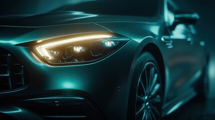 Fototapeta premium Modern automobile front corner illuminated with bright, artistic lighting