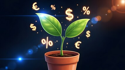 Plant growth with financial symbols and currency signs