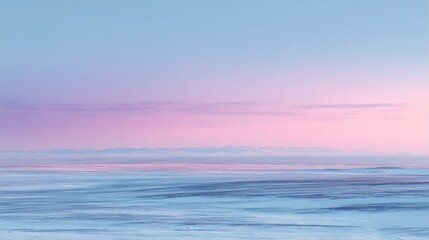 Obraz premium Vast arctic landscape under soft twilight sky, subtle pink and blue tones, frozen plains stretching to the horizon, minimalistic yet powerful