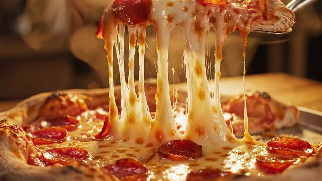 A close-up, mouthwatering shot of a steaming hot pepperoni pizza, with stringy cheese being lifted by a pizza slicer