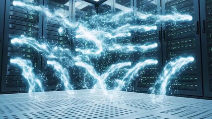 Abstract Digital Energy Flowing Through Server Racks Data Center Technology Concept - Powered by Adobe