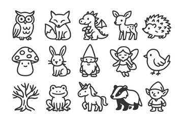 Naklejka premium Whimsical forest creatures and fairy tale characters in black and white outline.