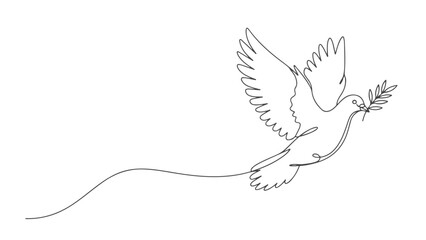 A minimalist single-line drawing of a dove carrying a sprig of leaves in its beak, symbolizing peace and hope.
