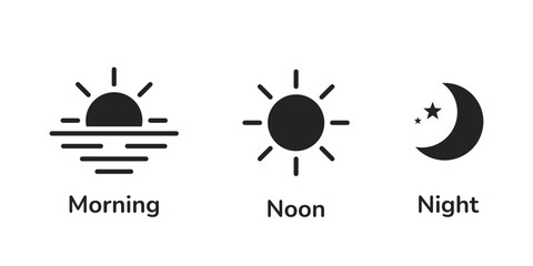 Day and night icons set. Morning sunrise, noon sun, and night moon with stars symbols. Morning and night. Day and night weather forecast symbol. Rising and setting sun, crescent moon, and star