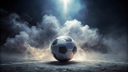 A lone soccer ball rests on a smoky field, illuminated by a single spotlight, symbolizing the anticipation and drama of the upcoming game