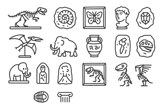 Dinosaur fossils and ancient artifacts collection in museum outline icons.