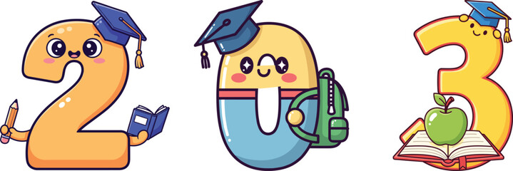 Fototapeta premium Cute numbers with graduation caps and school supplies vector illustration