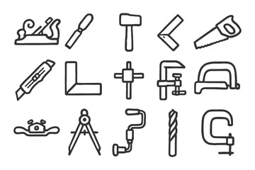 Obraz premium Hand-drawn carpenter tools icons: hammer, saw, drill, compass, plane.