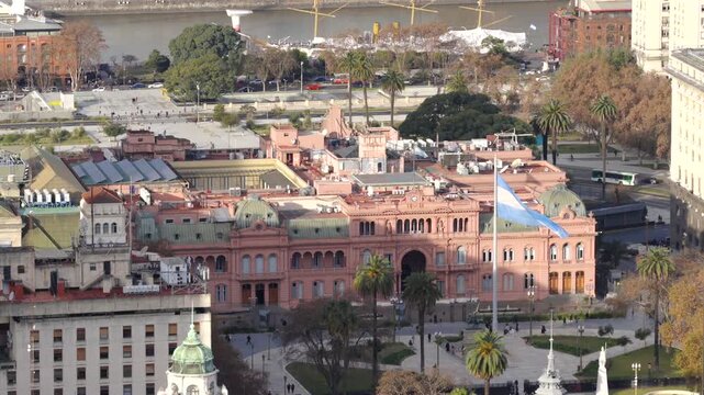 Aerial view approaching Casa Rosada, the presidential palace of Buenos Aires, Argentina.