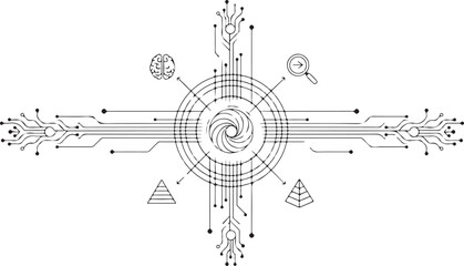 Obraz premium Abstract Digital Network with Brain, Magnifying Glass, and Pyramids technology science