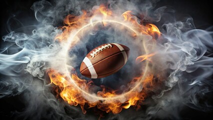 Fototapeta premium Fiery American Football Soaring Through a Ring of Smoke and Intense Flames