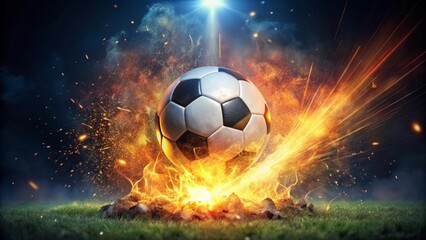 Naklejka premium Fiery Soccer Ball Exploding on a Grassy Field, a Dynamic Image Representing the Passion and Intensity of the Game