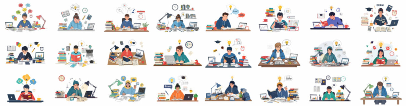 Vector set illustrating diverse students studying hard for exams, surrounded by books, laptops, and academic pressure symbols on a white background.
