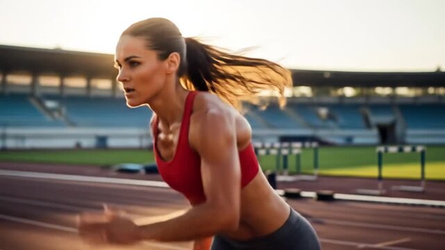 Determined female athlete poised at starting line on track, stadium background at sunset
