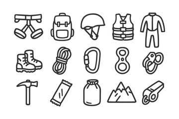 Fototapeta premium Essential climbing gear icons: harness, helmet, backpack, boots, rope, carabiner, axe, mountain, whistle.