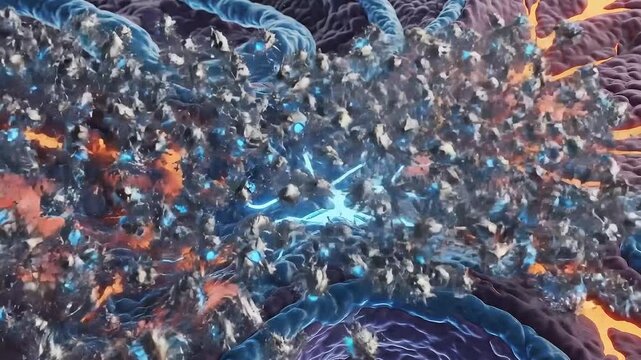 Abstract representation of microscopic viral particles spreading through biological tissue with glowing blue energy and orange molten textures