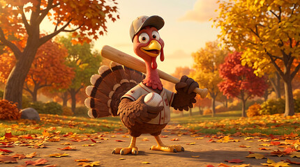 Turkey sport cartoon character in autumn park