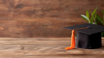 Black Bachelor's Hat, Wooden Background Graduation Theme