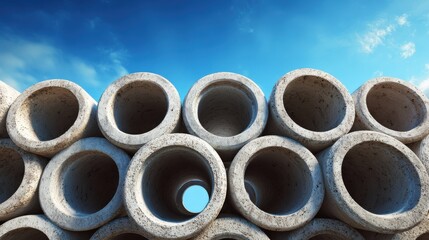 Stacked concrete drainage pipes create a repeating circular pattern against a bright blue sky