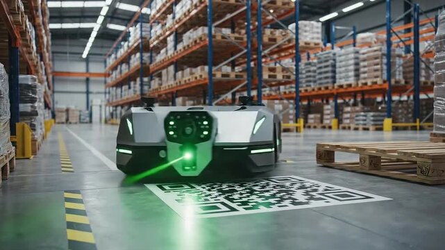 Advanced Autonomous Robot Navigating Warehouse Aisles Scanning QR Code with Green Laser Technology for Logistics and Supply Chain Management