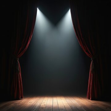 Red velvet curtains part to reveal empty stage with dramatic spotlights creating atmosphere of anticipation. The wooden floor reflects light waiting for performers. Show starts soon.
