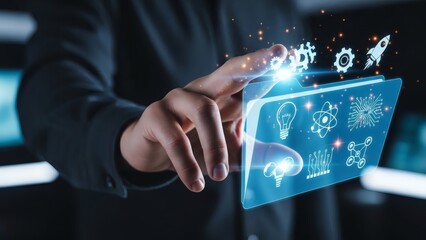 Businessman interacting with futuristic digital interface technology.