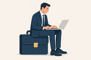 A businessman stands on top of a large briefcase symbolizing success