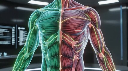 Advanced Human Anatomy 3D Model Displaying Muscular System and Nervous Network with Futuristic Technology Interface - Powered by Adobe