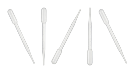 set of sterile disposable plastic pipettes with tapered tips isolated on transparent background