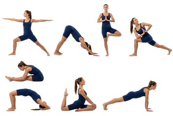 Collection of women performing advanced yoga poses on isolated transparent background