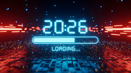 Futuristic digital display showing 20:26 and a loading bar, symbolizing progress and the future.