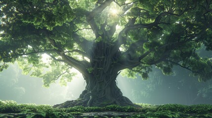 Giant ancient trees in the morning mist as a natural landscape