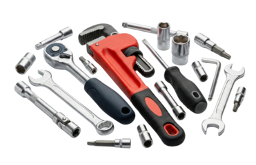 variety of hand tools including wrenches screwdrivers and sockets on isolated transparent background