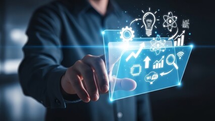 Businessman Interacting with Virtual Data Interface.