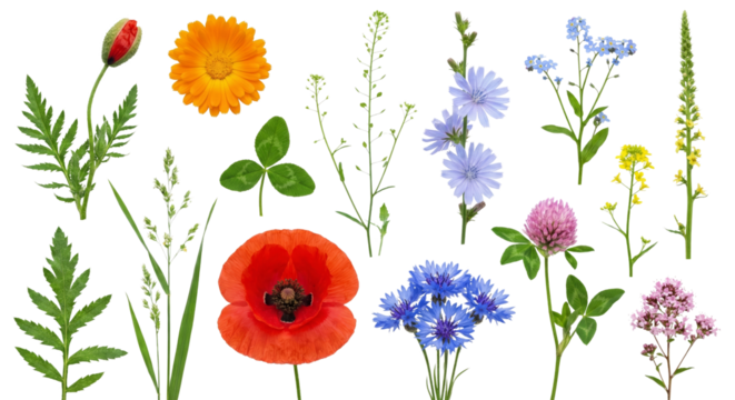assortment of vibrant wildflowers and garden blooms arranged on a transparent background - Powered by Adobe