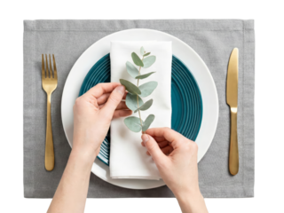 Minimalist table setting with elegant napkin arrangement and botanical accents isolated