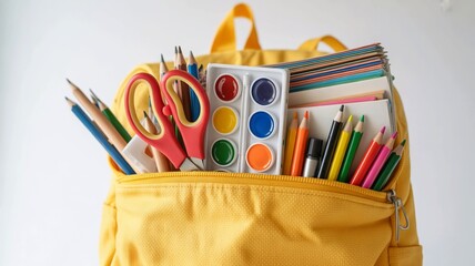 Bright yellow backpack filled with essential school supplies ready for a new academic adventure