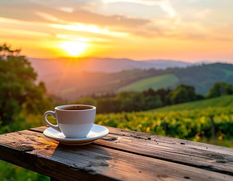 Coffee cup sits before rolling hills during a golden sunrise - Powered by Adobe