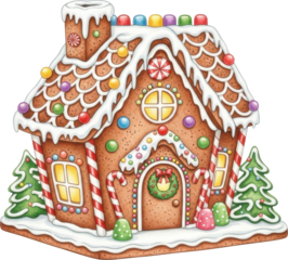 Gingerbread house with candy decorations and snow isolated on transparent background