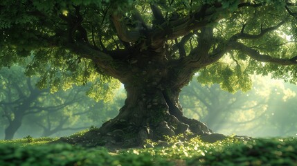 Giant ancient trees in the morning mist as a natural landscape