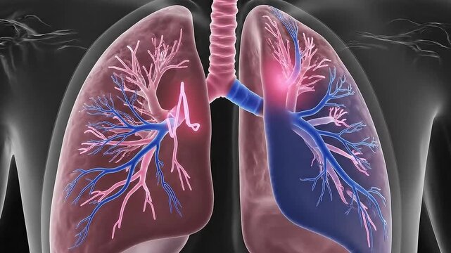 Anatomical 3D Rendering of Human Lungs Showing Bronchial Tree and Inflammation Highlighted in Blue and Pink with a Dark Grey Silhouette of a Torso